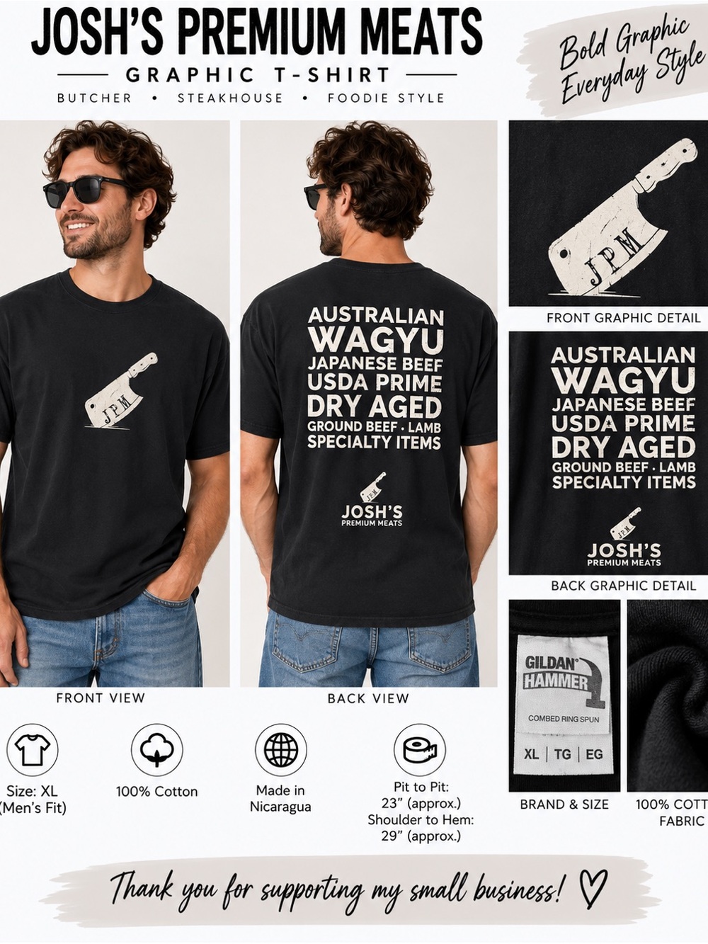 Josh’s Premium Meats Wagyu Beef Graphic T-Shirt Black XL Butcher Steakhouse Tee